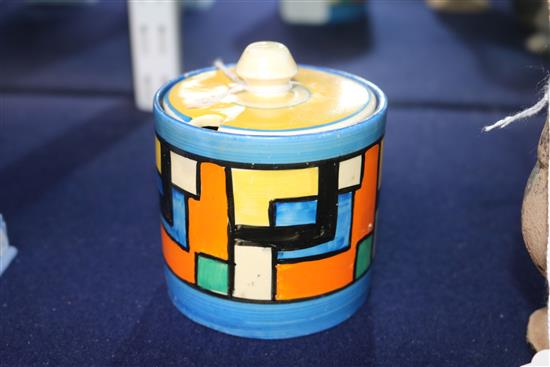 A Clarice Cliff Mondrian preserve pot and cover height 9cm